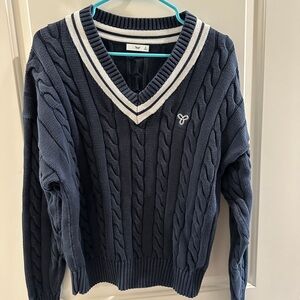 TNA Navy V-Neck Cable Knit Sweater